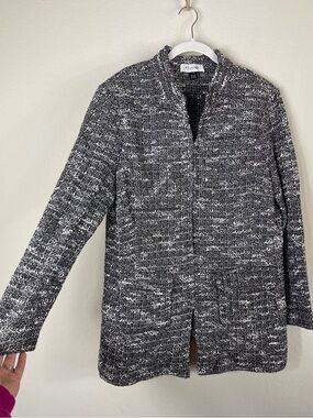 St. John Collection Tweed Boucle Blazer Long Jacket Grey White Size 16